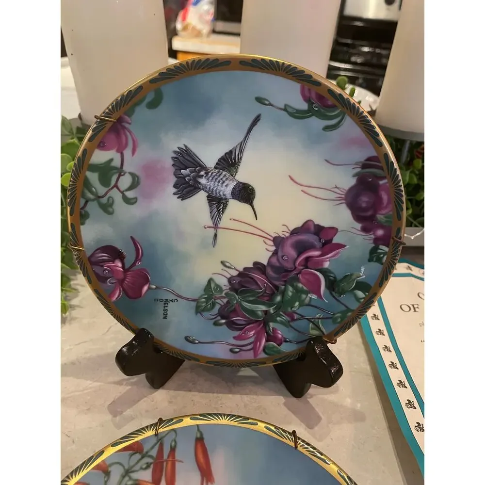 Vintage Picard plates signed hummingbird plates by wildlife artist, Cindy Nelson
